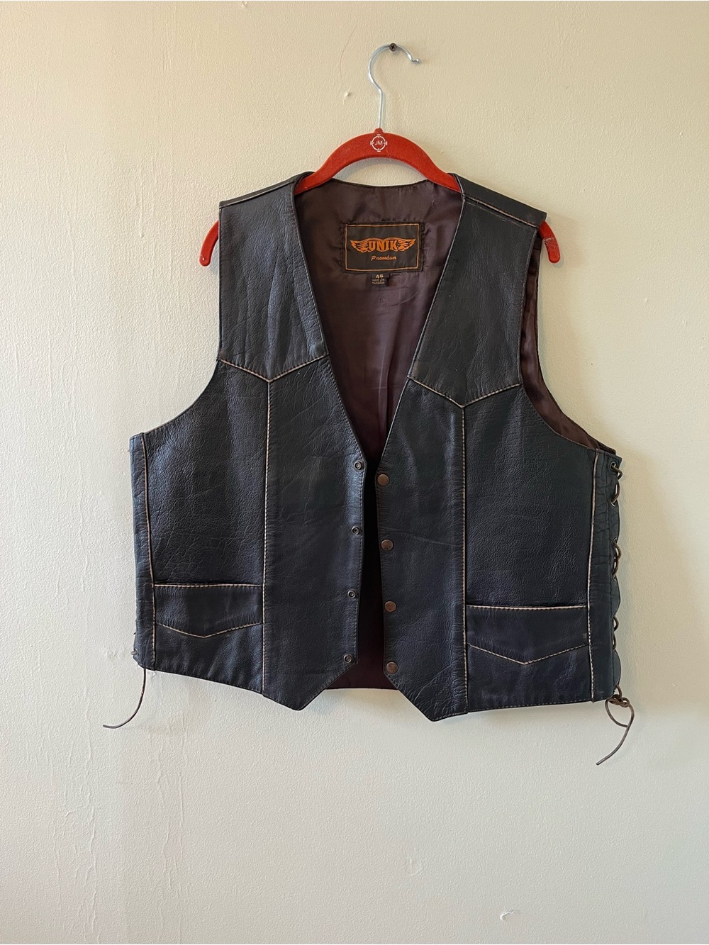 Unik premium Black Leather Men's Vest w/ Native American Chief embossed on back